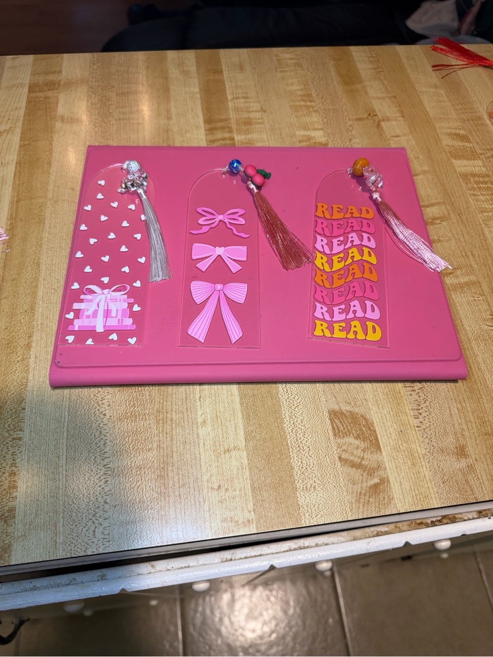 Handmade acrylic bookmarks floral, smiley, and cherry designs with tassels - Picture 2 of 4
